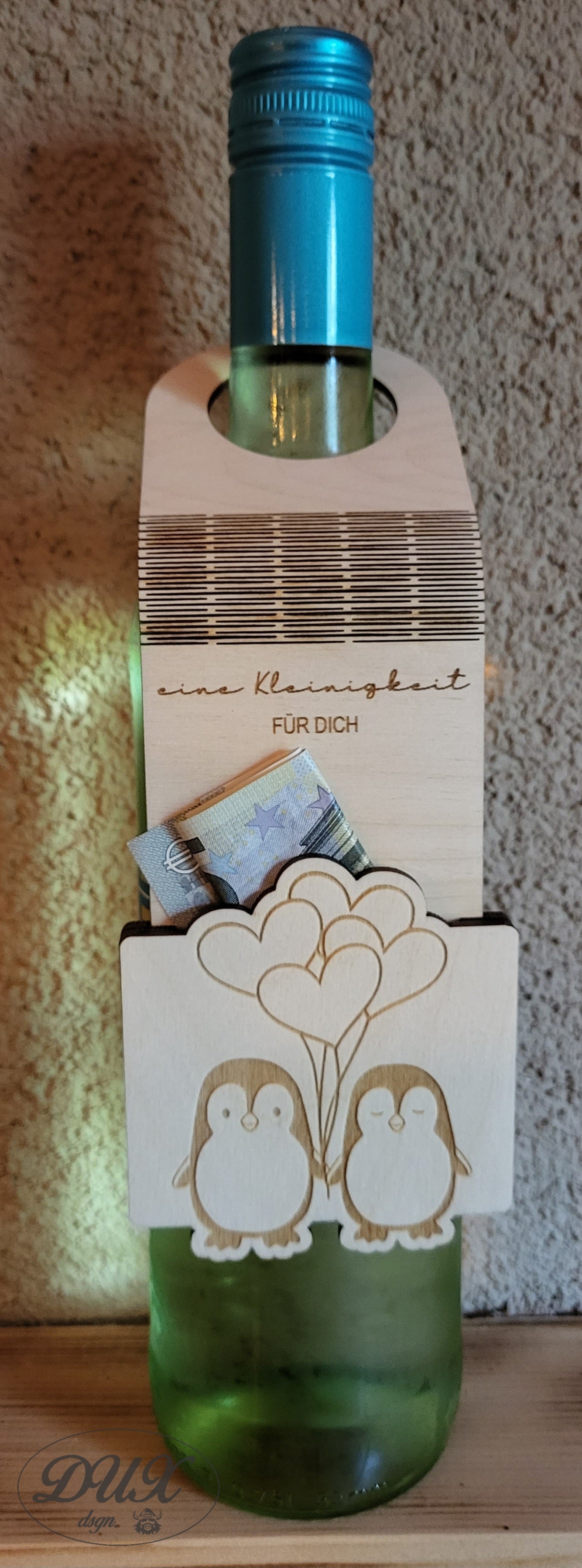 Geldgeschenk, Flaschenetikett Pinguin