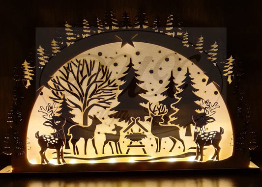 Schwibbogen/Lichterbogen "Winterlandschaft", Rehe mit Krippe